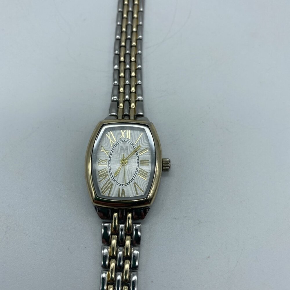Time & Tru Women's Wristwatch: Two Tone Silver Gold Barrel Case Bracelet Watch - Picture 3 of 5